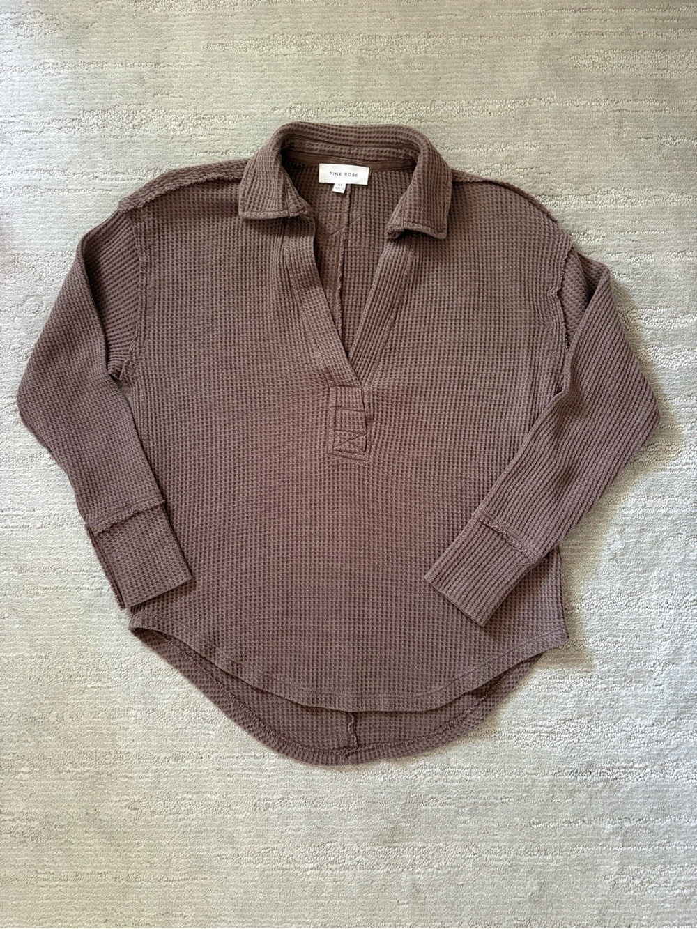 Pink Rose Chocolate Brown Waffle Knit Sweater Polo Collar Cozy Lounge XS